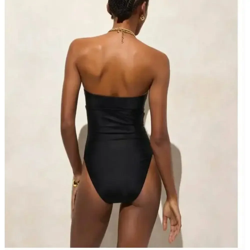 J.Crew Gemma Ruched Bandeau Cut Out One Piece Swimsuit 8 NWT Black Swim CI344